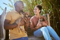 Couple, love and bonding with puppy dogs in animal shelter, adoption center of volunteer community charity for canines