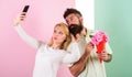 Couple in love bouquet dating celebrate anniversary relations. Sharing happy selfie. Capturing moment to memorize. Woman Royalty Free Stock Photo