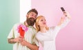 Couple in love bouquet dating celebrate anniversary relations. Sharing happy selfie. Taking selfie photo. Capturing Royalty Free Stock Photo