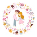 Couple in love. Boy and girl hold hands. A circle made of festive elements. Friendly postcard. Cute baby illustrations