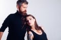 Couple in love. brutal bearded man and woman with tattoo. hairdresser and barbershop. tattoo salon. male beard care