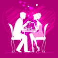 Couple in love in a cafe on dark pink background with hand draw