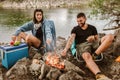 Couple in love camping forest hike. Food for hike and camping.