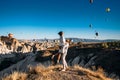 A couple in love in Cappadocia. The couple travels the world. Vacation in Turkey. Honeymoon in Cappadocia. Happy couple traveling