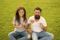 Couple in love cheerful youth booth props. Emotional people. Man bearded hipster and pretty woman cheerful faces. Youth