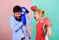 Couple in love competing boxing. Conflict concept. Family life. Complicated relationships. Couple romantic relationships Royalty Free Stock Photo