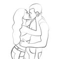 Couple in love contour, silhouette, linear black and white outline vector drawing, coloring, sketch, picture of passion and feelin Royalty Free Stock Photo