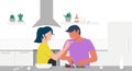 A couple in love cooks in their kitchen. The girl feeds the guy with a spoon. Joint cooking. Stay at home on quarantine Royalty Free Stock Photo