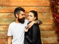 Couple in love cuddles. Girl and bearded guy or lovers Royalty Free Stock Photo