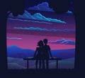 Couple in love cuddling and sitting on bench at night time, silhouette of man and woman together Royalty Free Stock Photo