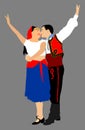 Couple in love dancing vector illustration isolated on white. Balkan Dancers, folk dance in Europe. Closeness in public. Kiss girl Royalty Free Stock Photo