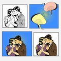 Couple love dialogue. Man and woman huggins. Communication, emotions, family psychology. Retro pop art comic style Royalty Free Stock Photo