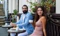 couple in love drink morning coffee in cafe outdoor on romantic date, love meet Royalty Free Stock Photo