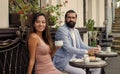 couple in love drink morning coffee in cafe outdoor on romantic date, love meet Royalty Free Stock Photo