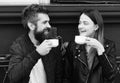 Couple in love drinks coffee break. Hot beverage and lunch. Woman and man with happy faces Royalty Free Stock Photo