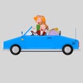 Couple in love driving convertible blue car. 3D