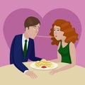Couple in love eating spaghetti on a date vector