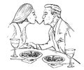 Couple in love eating spaghetti, kiss in a restaurant