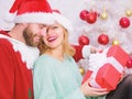 Couple in love enjoy christmas holiday celebration. Family christmas tradition. Celebrating christmas together. Loving