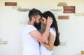 Couple in love enjoy each other romantic date. Man bearded and girl hugs or cuddling. Tender hug. Couple in love Royalty Free Stock Photo