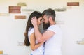 Couple in love enjoy each other romantic date. Man bearded and girl hugs or cuddling. Tender hug. Couple in love Royalty Free Stock Photo