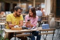 Couple in love enjoying together.Couple of tourists traveling and exploring beautiful old town together. Loving man and woman in Royalty Free Stock Photo