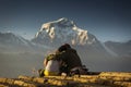 Couple in love enjoying view of Dhaulagiri from Poon Hill. Himalaya Mountains, Nepal