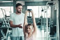 Couple Love Exercising Workout in Fitness Training Room, Young Couple Caucasian Working Out and Exercise Training Together With