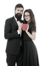 Couple in love. Family couple. Formal couple with red heart. Love romance. Couple on love date. Bearded man in tuxedo