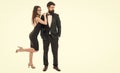 couple in love flirting. love date for man and woman. formal couple of tuxedo man and sexy girl. engagement and proposal Royalty Free Stock Photo