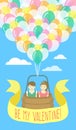 Couple in love flying on balloons
