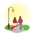 Couple in love girlfriend and boyfriend walk under street light and holding hands. Male and female outdoor walking along