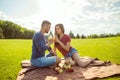 couple in love have fun in the park and drink smoothies and eating fruit at a picnic Royalty Free Stock Photo