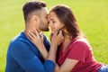 couple in love have fun in the park and drink smoothies and eating fruit at a picnic Royalty Free Stock Photo