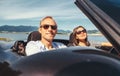 Couple in love have romantic auto travel