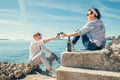 Couple in love have romantic date in blue lagune on Adriatic Sea Royalty Free Stock Photo