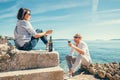 Couple in love have romantic date in blue sea lagune Royalty Free Stock Photo