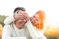 couple in love having fun in autumn park emotion concept Royalty Free Stock Photo