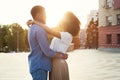 Couple in love having romantic tender moments at sunset