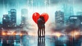 Couple in love holding big red heart on city background. Love and romance concept. Valentine\'s day illustration concept Royalty Free Stock Photo