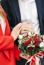 couple love holding hands girl bouquet flowers Royalty Free Stock Photo