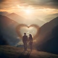 A couple in love holding hands in the middle of the mountains in front of them hearts. Heart as a s of affection and love Royalty Free Stock Photo