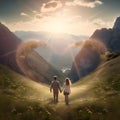 A couple in love holding hands in the middle of the mountains in front of them hearts. Heart as a s of affection and love Royalty Free Stock Photo