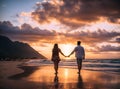 Couple in love holding hands at sunset on sandy tropical beach, background Royalty Free Stock Photo