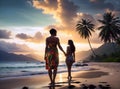 Couple in love holding hands at sunset on sandy tropical beach, background Royalty Free Stock Photo
