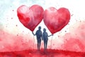 A couple in love holds heart-shaped balloons in their hands. Watercolor illustration, valentine