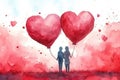 A couple in love holds heart-shaped balloons in their hands. Watercolor illustration, valentine