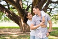 Couple in love hugging each other at park,Romantic and enjoying in moment of happiness time,Happy and smiling