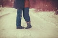 The couple in love hugging outdoors in winter Royalty Free Stock Photo