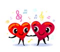 Couple in love idea. Two funny cute cartoon hearts dancing, holding their hands